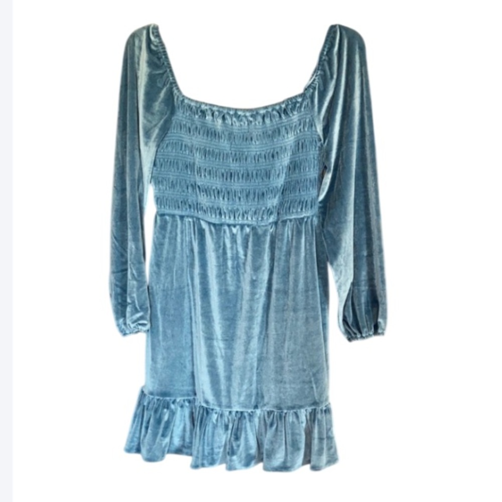 LC Lauren Conrad smocked flounce hem velvet dress duller blue size M - Picture 17 of 17